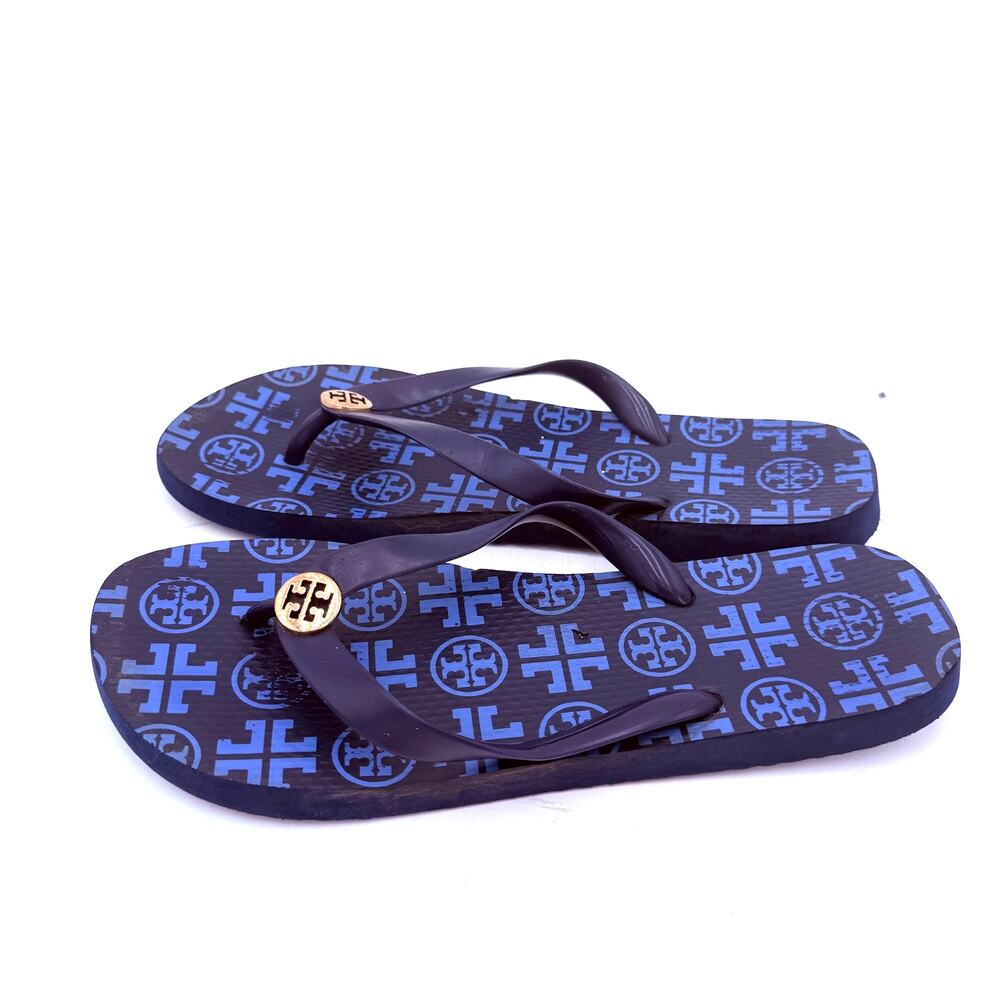 Tory Burch Navy Blue & Gold New Traveler Emblem Thong Flip Flops Sandals Size 9 - Picture 5 of 7